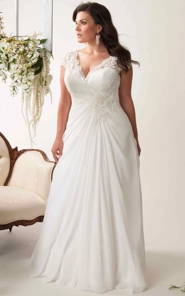 Sheath V-Neck Appliqued Cap-Sleeve Chiffon Plus Size Wedding Dress Styles With Ruching And Keyhole