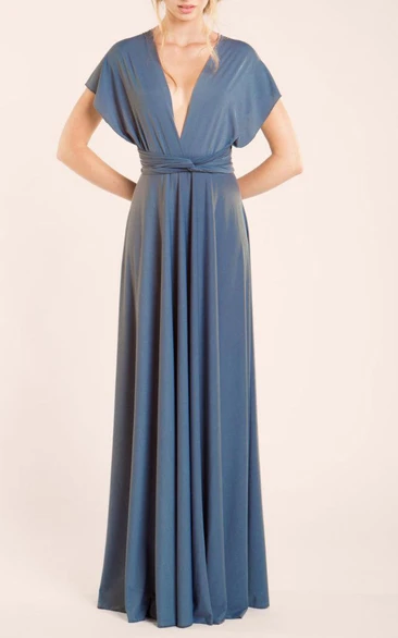 Deep V Neck Pleated A-line Jersey Long Dress With Criss Cross Back