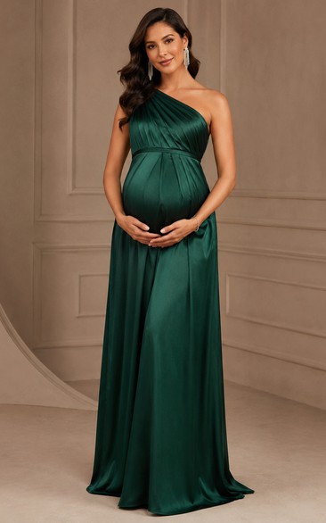Maternity A-Line Satin Maternity Dress with One-Shoulder, Sleeveless and Pleats Ruching, Floor Length