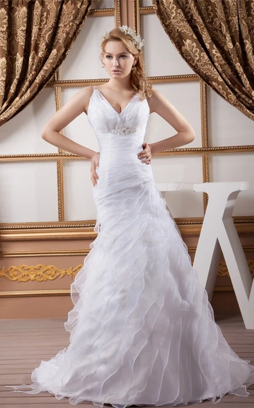 Plunged A-Line Criss-Cross Side Draping and Dress With Broach