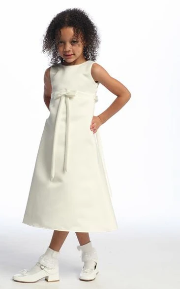 Ankle-Length Sleeveless Bowed Satin Flower Girl Dress
