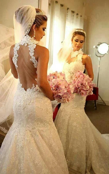 Newest High Neck Mermaid Wedding Dress Styles Lace Appliques Court Train
