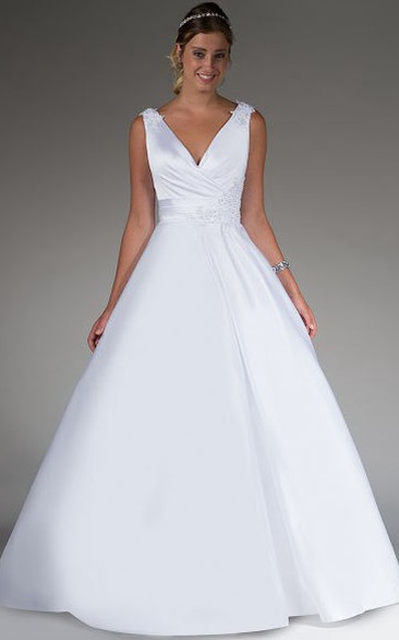 V Neck Satin Bridal Ball Gown With Appliqued Straps And Waist