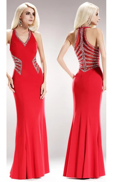 Sheath Maxi V-Neck Sleeveless Jersey Zipper Dress With Beading