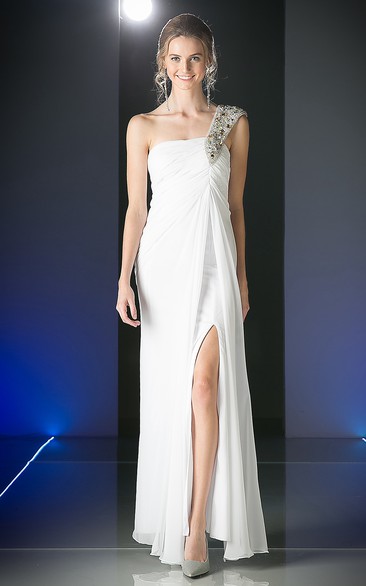 Sheath Long One-Shoulder Sleeveless Chiffon Dress With Split Front And Ruching