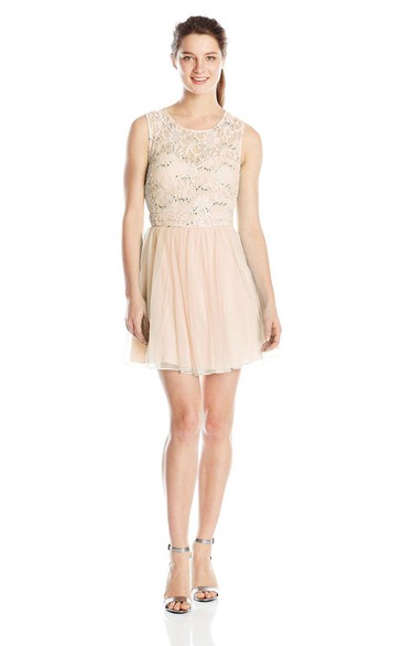 Sleeveless Short Dress with Sequins and Lace Bodice