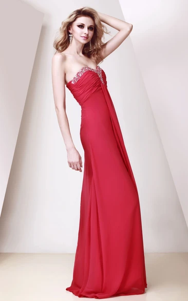 Sweetheart Ruched Chiffon Floor-Length Dress With Strass and Pleats
