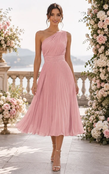 Blushing Pink One-Shoulder Pleated Chiffon Tea-Length Dress