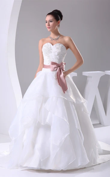 Sweetheart Ruffled Appliques and Ball-Gown With Ribbon