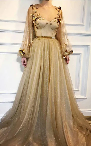 Jewel-neck Illusion Puff-long-sleeve Empire Pleated Sequin Prom Dress