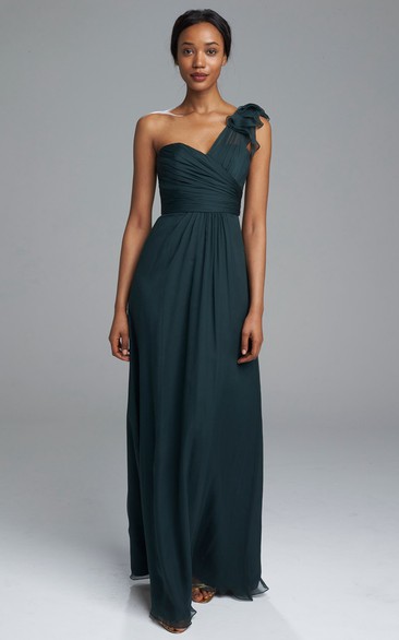 Sheath Maxi One-Shoulder Sleeveless Ruched Chiffon Bridesmaid Dress With Epaulet