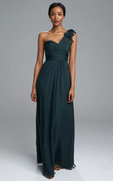Sheath Maxi One-Shoulder Sleeveless Ruched Chiffon Bridesmaid Dress With Epaulet
