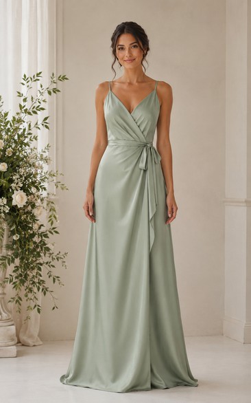 Sage V-neck Satin A-Line Bridesmaid Dress