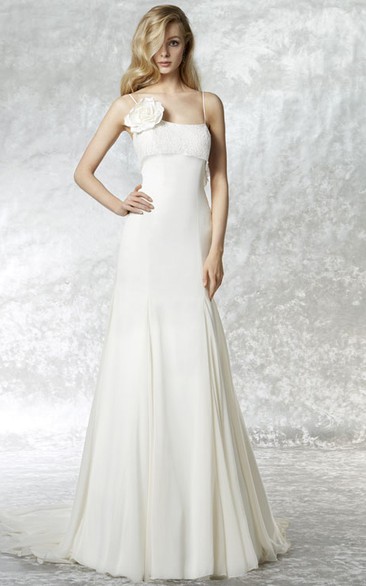 Sheath Spaghetti Sleeveless Floral Chiffon Wedding Dress With Court Train