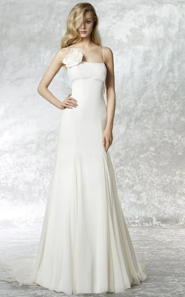 Sheath Spaghetti Sleeveless Floral Chiffon Wedding Dress With Court Train