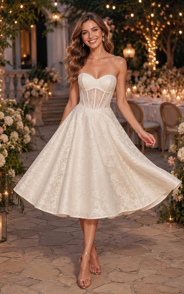 Robe de mariée bustier en tulle et dentelle, longueur thé, avec corsage corset