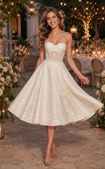 Robe de mariée bustier en tulle et dentelle, longueur thé, avec corsage corset