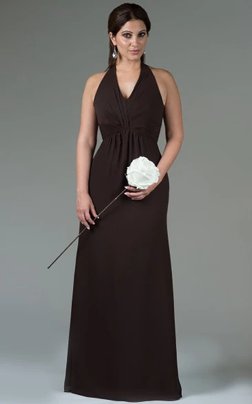 Halter Neck Chiffon Long Bridesmaid Dress With Gathered Waist