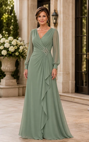 Sage V-neck Chiffon Long Poet Sleeve Mother Dress