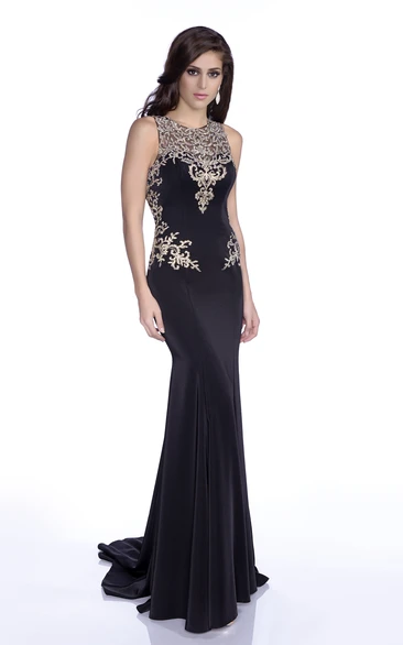 Sheath Sleeveless Jewel Neck Jersey Prom Dress With Rhinestones Appliques And Keyhole Back