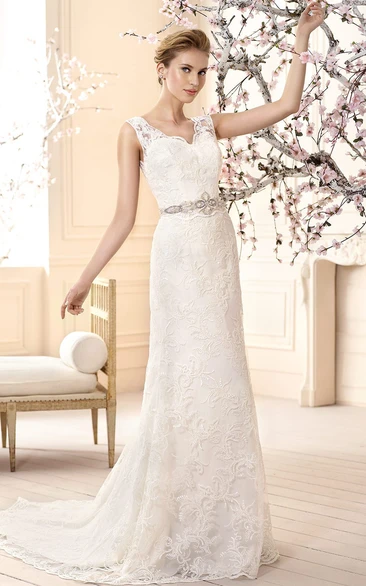 Sheath Floor-Length Appliqued V-Neck Sleeveless Lace Wedding Dress With Waist Jewellery
