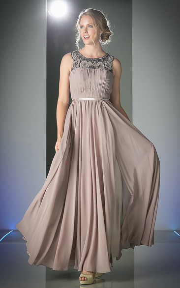 A-Line Ankle-Length Scoop-Neck Chiffon Illusion Dress With Ruching And Beading