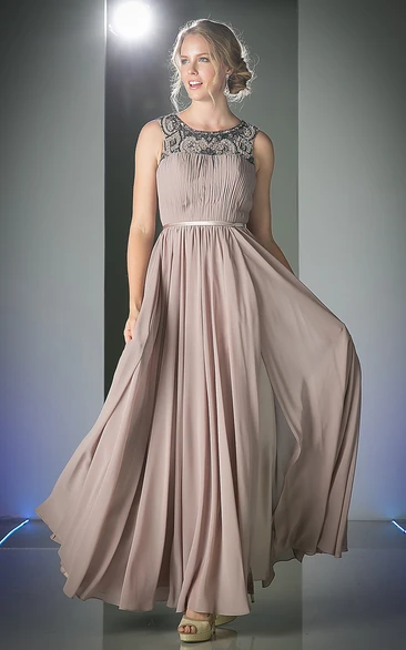 A-Line Ankle-Length Scoop-Neck Chiffon Illusion Dress With Ruching And Beading