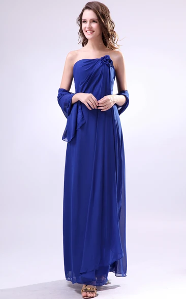 Chiffon Ankle-Length Dress With Ruched Cap and Flower