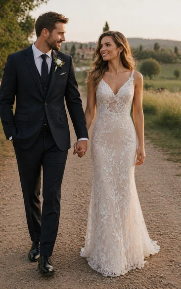 Sleeveless V-Neck Lace Sheath Wedding Dress with Botanical Vine Embroidery