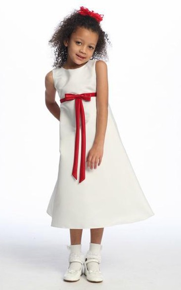 Ankle-Length Bowed Sleeveless Satin Flower Girl Dress