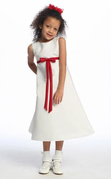 Ankle-Length Bowed Sleeveless Satin Flower Girl Dress