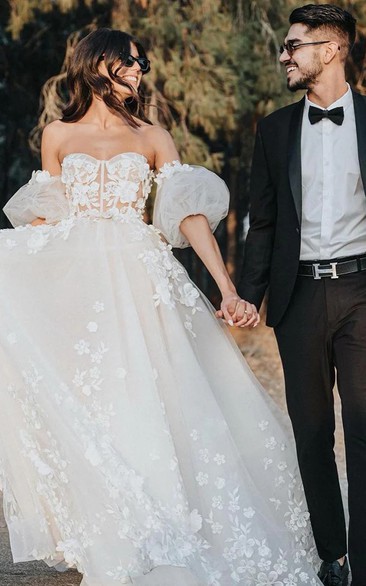 Ethereal Off-Shoulder Tulle Ball Gown with Puff Sleeves