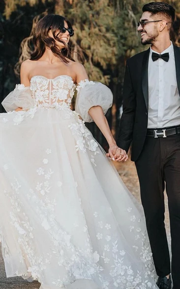 Ethereal Off-Shoulder Tulle Ball Gown with Puff Sleeves