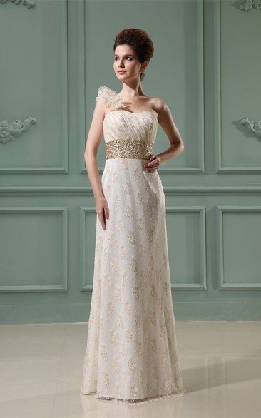 One-Strap Ruched Sheath Sleeveless Jeweled Waist and Dress With Appliques