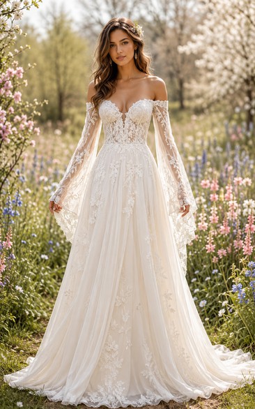 Boho A-Line Wedding Dress Off Shoulder Long Bell Sleeve Sweetheart Tulle Lace Applique Floor Length Chapel Train Ivory