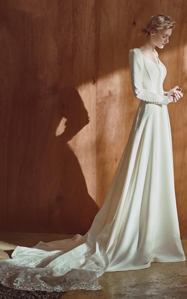 Romantic A Line Satin Floor-length Long Sleeve Wedding Dress