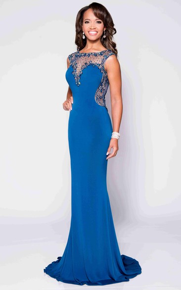 Bateau Neck Jersey Sheath Sleeveless Prom Dress With Jeweled Illusion Design