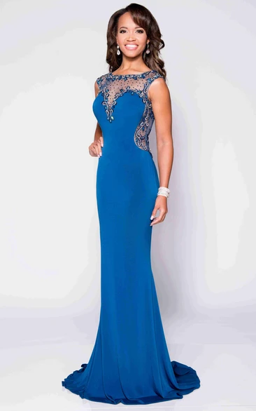 Bateau Neck Jersey Sheath Sleeveless Prom Dress With Jeweled Illusion Design