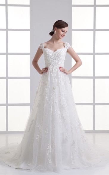 Queen-Anne A-Line Lace Dress With Tulle Overlay