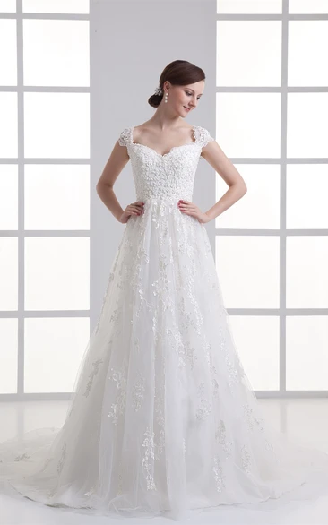 Queen-Anne A-Line Lace Dress With Tulle Overlay