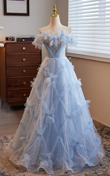 Blue Strapless Sparkling Flower Ball Gown