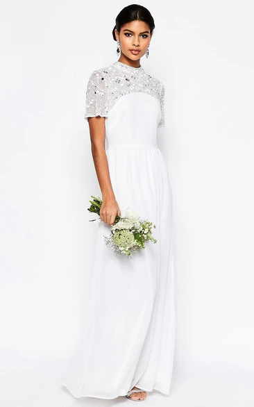 Sheath Floor-Length High Neck Short-Sleeve Chiffon Wedding Dress With Sequins