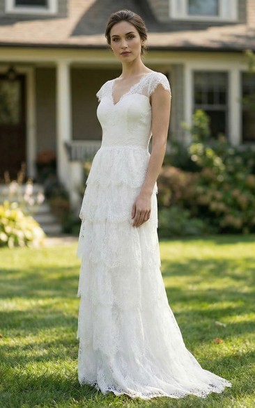 Cap Sleeve Plunging V-Back Tiered Bridal Gown