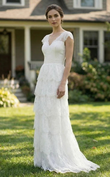 Cap Sleeve Plunging V-Back Tiered Bridal Gown