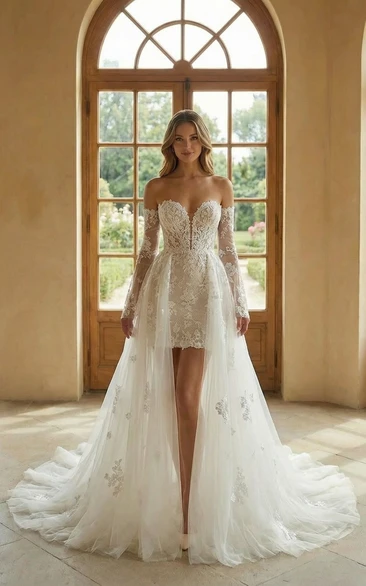 Off Shoulder Lace Mini Wedding Dress with Detachable Tulle Overskirt and Long Sleeves
