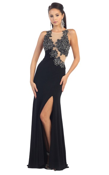 Sheath Scoop-Neck Sleeveless Jersey Illusion Dress With Split Front And Beading