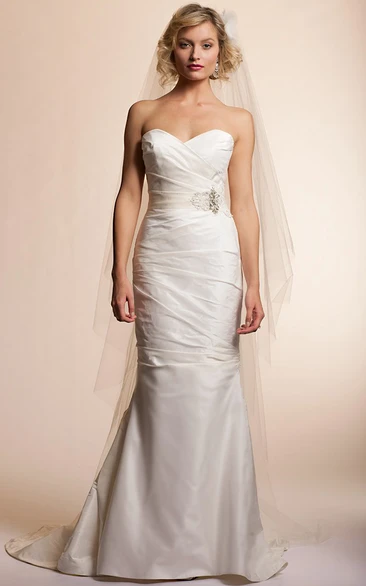 Trumpet Floor-Length Sweetheart Satin Wedding Dress With Criss Cross And Bow