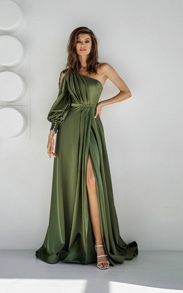 One-shoulder Front Split Asymmetrical Satin Green Dress
