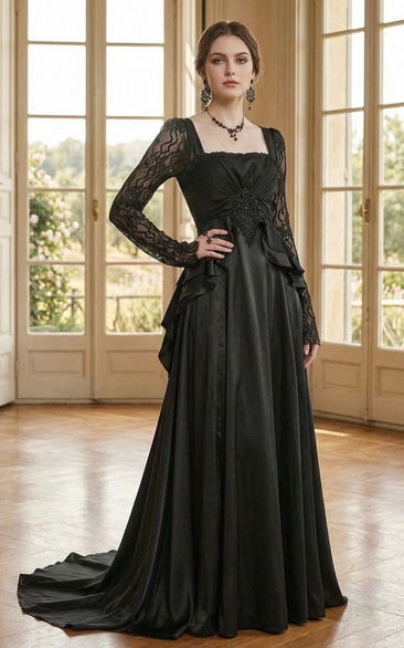 Black Gothic Evening Dress with Lace Long Sleeves and Square Neckline
