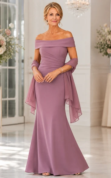 Sheath Off-the-Shoulder Half Sleeve Chiffon Mother Dress with Cape